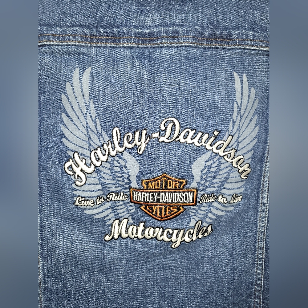 HARLEY-DAVIDSON Denim Vest Embroidered Wings Logo Moto Biker 2007 - Picture 5 of 8